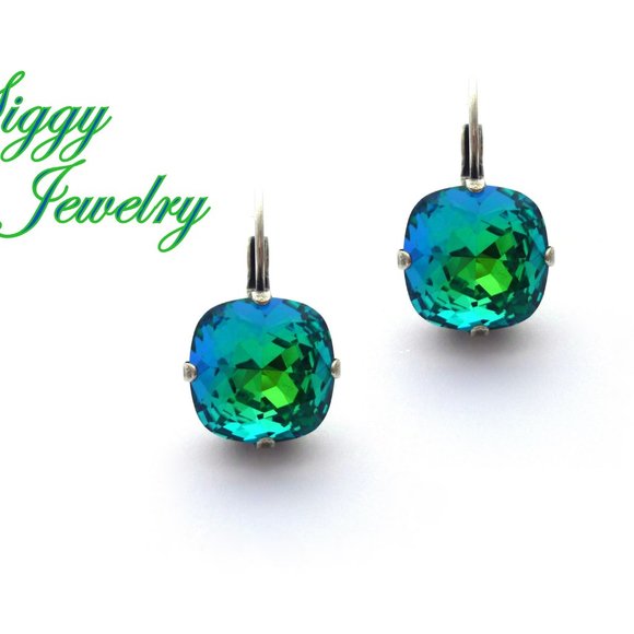 Sphinx Blue Green 12mm Cushion Cut Drop Lever-Back Earrings, Assorted Finishes - Picture 1 of 5